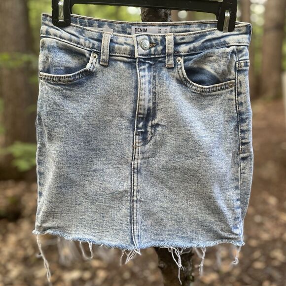 Bershka Raw Hem 90s 14 in Mini High Rise Stretch Denim Jean Skirt Womens 2 Blue - Picture 1 of 6